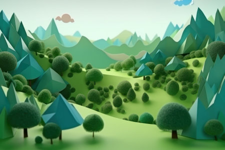 3d illustration of abstract mountain landscape with green trees and blue skyの素材