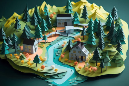 Paper model of a village in the mountains. The concept of ecologyの素材
