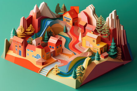 Isometric city. Paper cut style of mountain landscape with houses and trees. 3D render illustration.の素材
