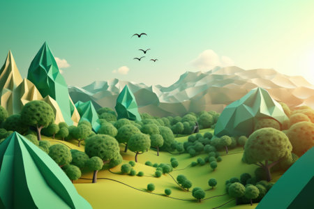 3d illustration of green mountain landscape with trees and blue sky backgroundの素材