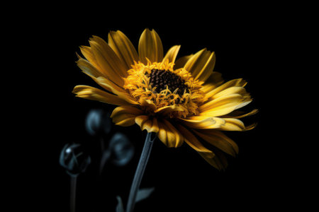 beautiful yellow flower on a black background, closeup of photoの素材