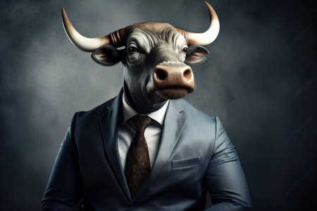 Businessman with bull head on black background. Business andafinance conceptの素材