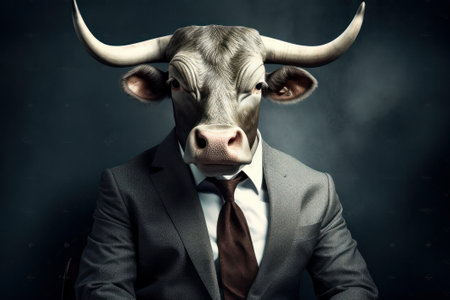 Businessman with bull head in suit and tie on dark background.の素材