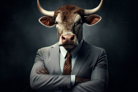 Businessman with a cow head over dark background. Business concept.の素材
