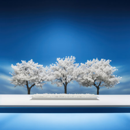 snow covered trees against blue sky with clouds, 3d renderの素材