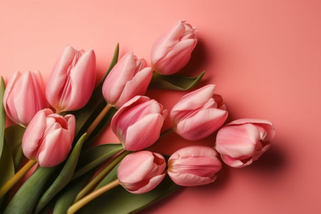 Beautiful tulips on color background, top view. Space for textの素材