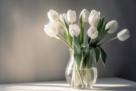 Bouquet of white tulips in vase on windowsillの素材