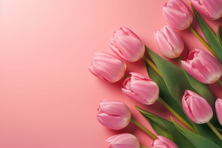 Bouquet of pink tulips on a pink background. Place for text.の素材