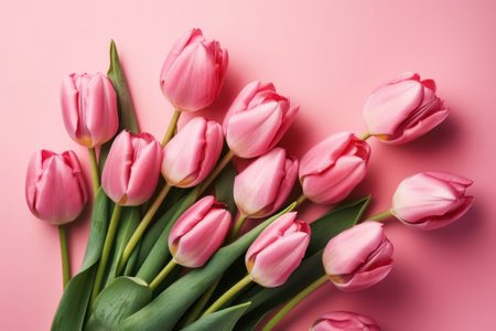 Bouquet of pink tulips on a pink background, top viewの素材