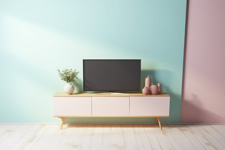TV on the cabinet in modern living room. 3d rendering.の素材