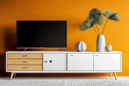 TV on the chest of drawers in the living room. 3d renderingの素材