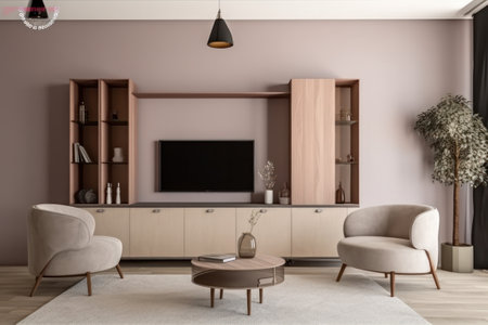 Modern living room with pink walls, wooden floor, beige armchairs and tv. 3d renderingの素材