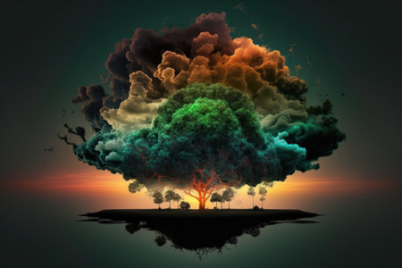Big tree in the sky. Nature background. 3D illustration.の素材