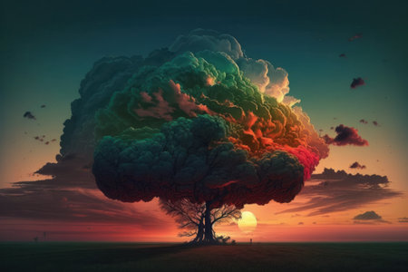 Conceptual image of big green tree with big red cloud in the sunsetの素材