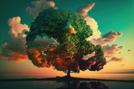 Tree in a surreal surreal landscape. 3D illustration. Nature composition.の素材