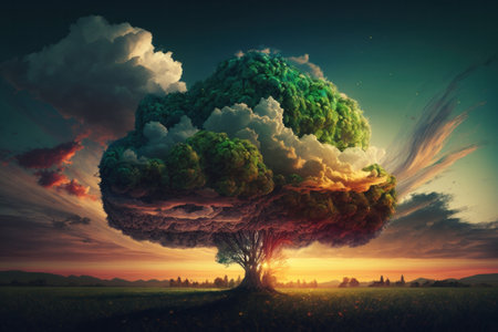 Fantasy landscape with green tree and sunset sky. 3d renderingの素材