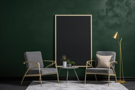 Interior of modern living room with a green wall, armchairs and coffee tableの素材