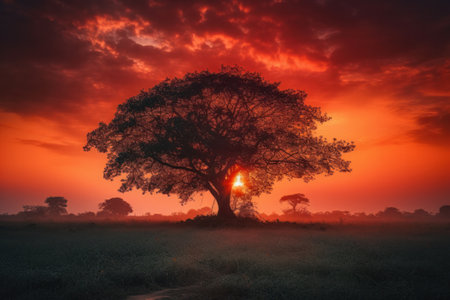 Sunset with big tree in the field, 3D render.の素材