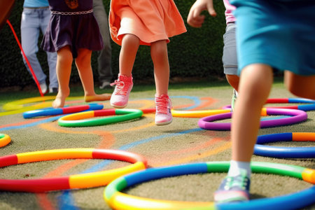 Children playing with colourful rings on the playground in the schoolyard. Children having fun outdoors, generative aiの素材