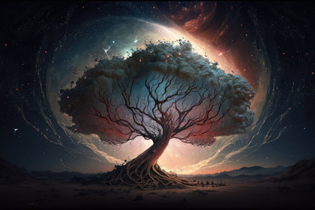 Fantasy landscape with magic trees and planets. Digital Illustration.の素材