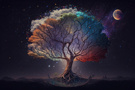 Fantasy landscape with magic trees and planets. Digital Illustration, generative aiの素材