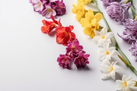 Colourful spring flowers on white background with copy space. Flat lay.の素材