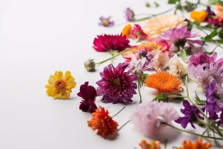 Variety of colourful wildflowers on white background, top viewの素材