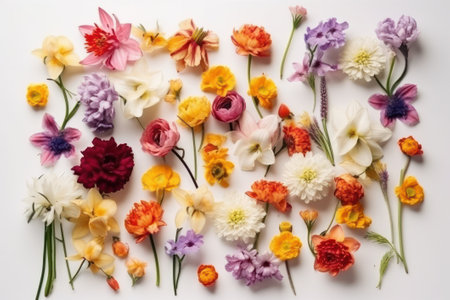 Colourful spring flowers on white background. Flat lay, top viewの素材