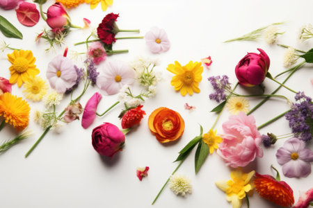 Flowers composition on white background. Flat lay, top view, copy spaceの素材