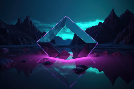Futuristic abstract background with neon glowing triangles. 3d renderingの素材