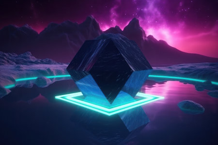 Futuristic neon cube in space. Abstract background. 3D renderingの素材
