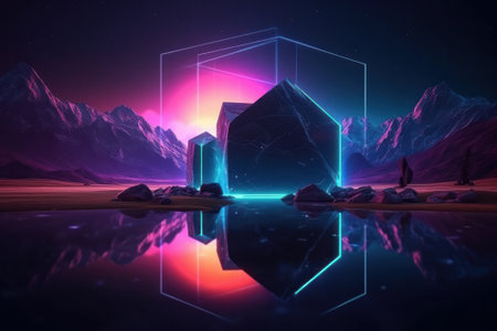 Futuristic abstract landscape with neon light and reflections in the waterの素材