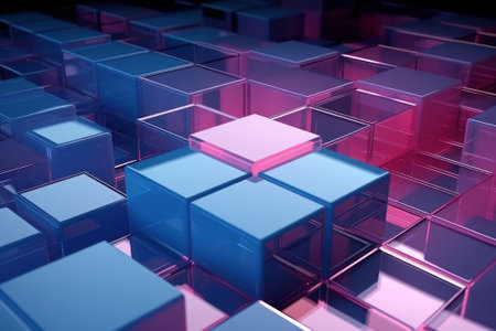3d rendering of abstract geometric composition with cubes in pink and blueの素材