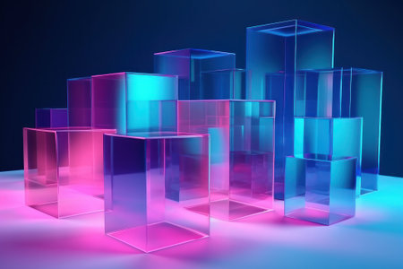 3d render, abstract background with blue and pink glass cubes.の素材
