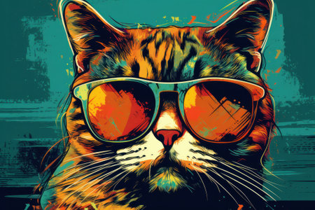 Cool cat with sunglasses. Grunge background. Digital illustration.の素材