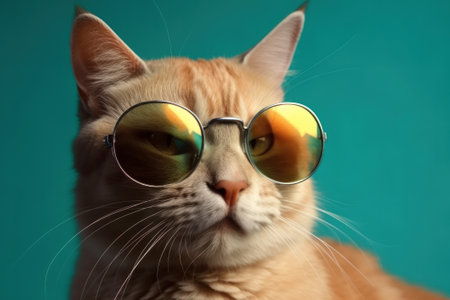 Cute cat with glasses on colour background, close-up.の素材