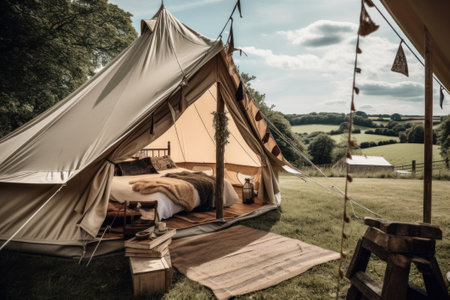 Camping tent on a green meadow in the countryside. Vintage style.の素材