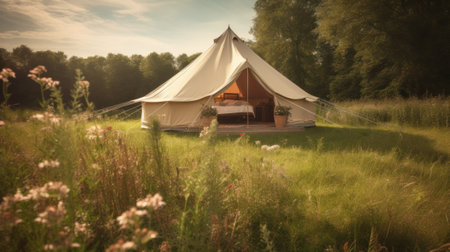 Tent in the meadow at sunset. Vintage style photo.の素材