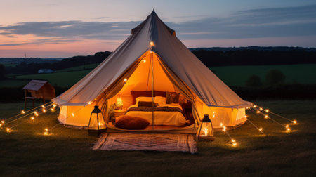 Camping tent in the countryside at sunset. Camping concept.の素材
