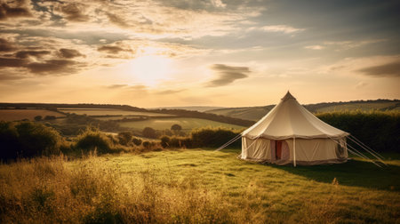 Beautiful sunset over a tent on a meadow in the countrysideの素材