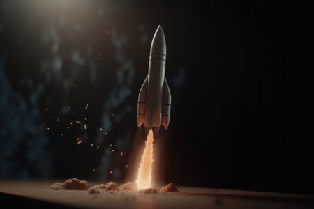 The rocket takes off on dark background. Business start-up concept. 3D Rendering, generative Aiの素材