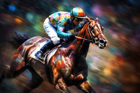 Horse race in motion blur. Colorful paint splashes.の素材