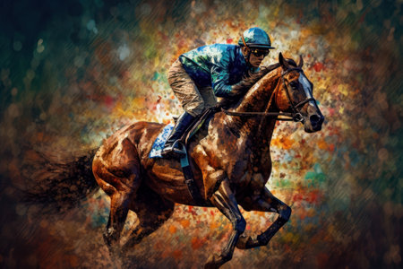 Horse jockey riding on gallop on colourful background. Watercolour paint styleの素材