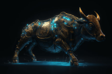 3D rendering of a metal bull on a black background with neon lightsの素材