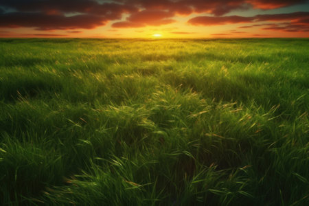 Sunset over green field with grass and clouds. Nature background.の素材