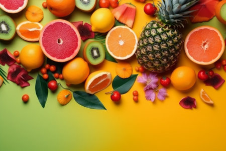 Tropical fruits and berries on a colored background. Orange, grapefruit, pineapple, kiwi, pomegranateの素材