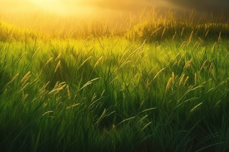 Green grass field at sunset. Nature background. Shallow depth of field.の素材