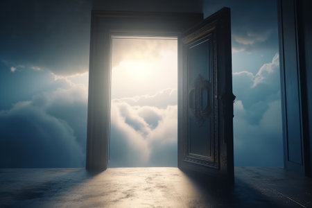 Open door to the sky with clouds and sunlight. 3D renderingの素材