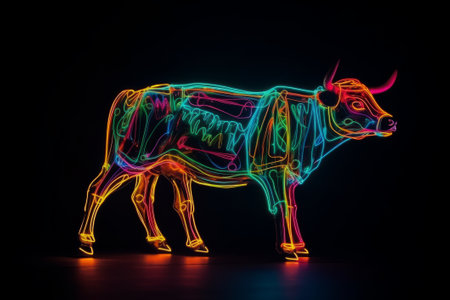Neon cow on a black background. 3d rendering. Neon lightsの素材
