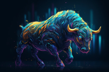 Colorful abstract bull on dark background. 3D rendering. Digital illustration.の素材